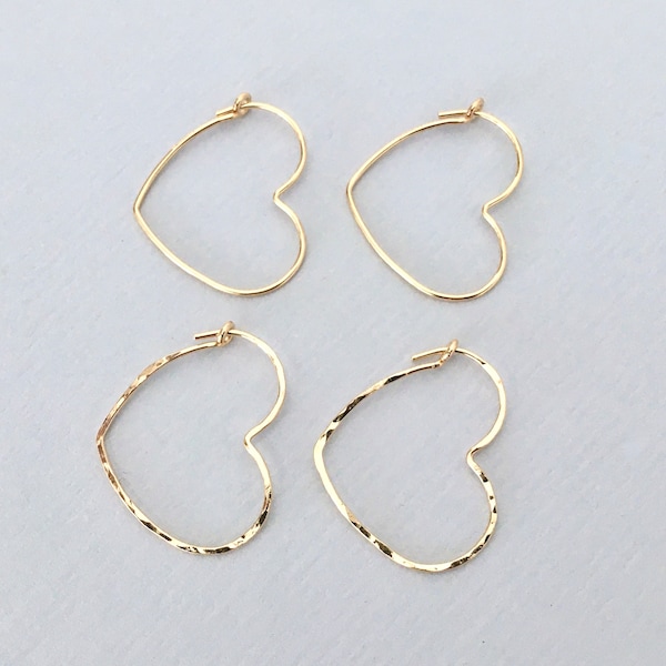 THIN HEART HOOPS, Smooth or Hammered Texture, 14k Gold Filled, 18x20mm Hoop Earrings, Everyday Simple Hoop, Dainty Gift for Her