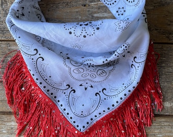 White bandana with red bling fringe