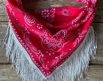 Red bandana with white fringe