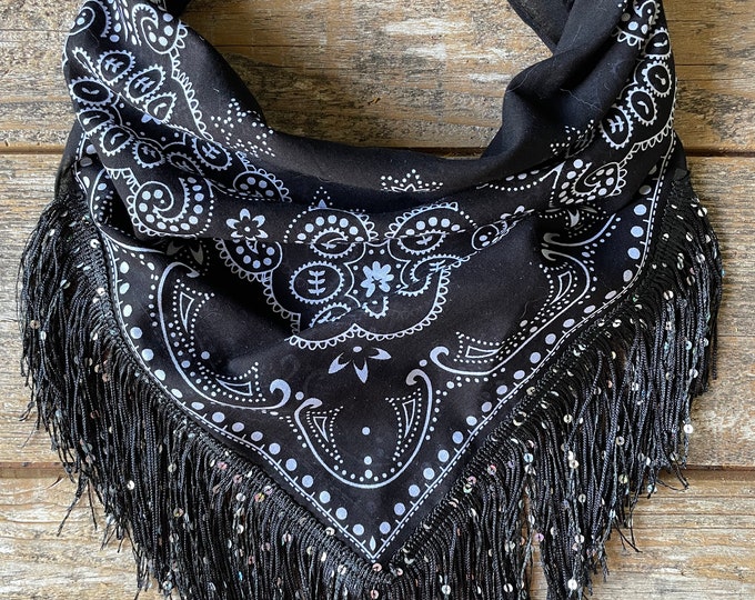 Tattered Distressed Bandana With Crochet Lace Detail, Boho Country