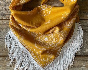 Mustard yellow bandana with white fringe