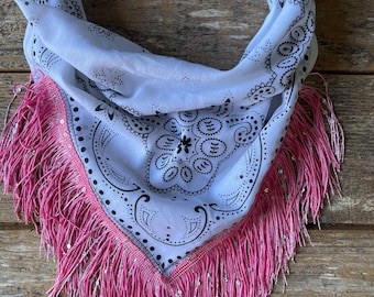 White bandana with pink sequin bling fringe