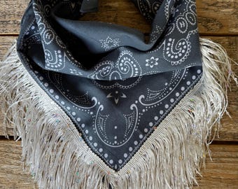 Dark denim colored bandana with white fringe