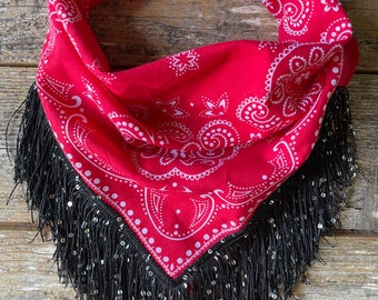 Red bandana with black fringe