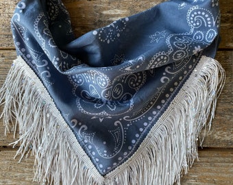 Denim colored bandana with white fringe