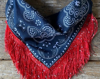 Navy bandana with red fringe