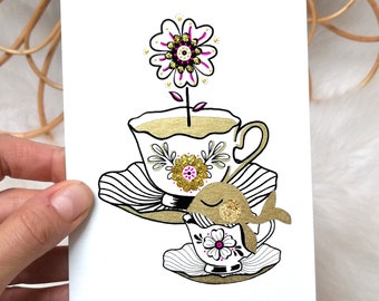 Whale and flower illustration in a vintage porcelain cup, glitter card, illustration to frame, original birth gift idea