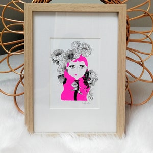 Handmade poster, illustration of Frida Khalo holding a cat in her arms, neon pink hair, flowers, wall decoration image 3