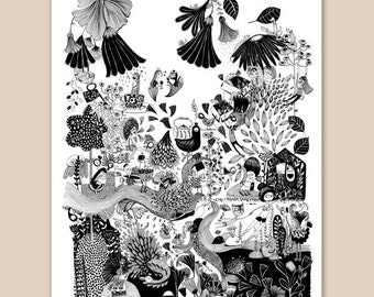 Illustration noir et blanc 30x40 cm, risographie signée et numérotée, dessin oiseaux sirènes chats fleurs, dessin surréaliste,nantes