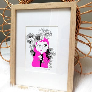 Handmade poster, illustration of Frida Khalo holding a cat in her arms, neon pink hair, flowers, wall decoration image 6