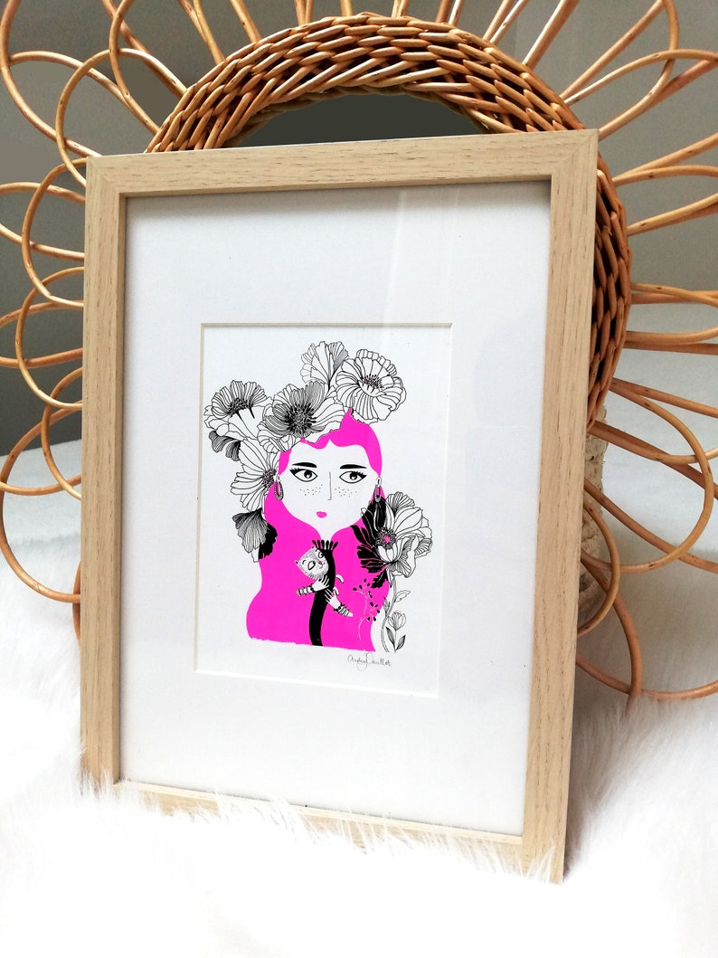 Handmade poster, illustration of Frida Khalo holding a cat in her arms, neon pink hair, flowers, wall decoration image 6