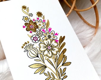 Small illustration bouquet of golden flowers, neon pink and gold glitter, card to frame, birth wedding baptism card made in Nantes