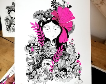 Birthday 30 years woman, seek and find 30 birds, Illustration girl black neon pink, drawing flower bird whale mushroom dog