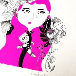 Handmade poster, illustration of Frida Khalo holding a cat in her arms, neon pink hair, flowers, wall decoration image 4