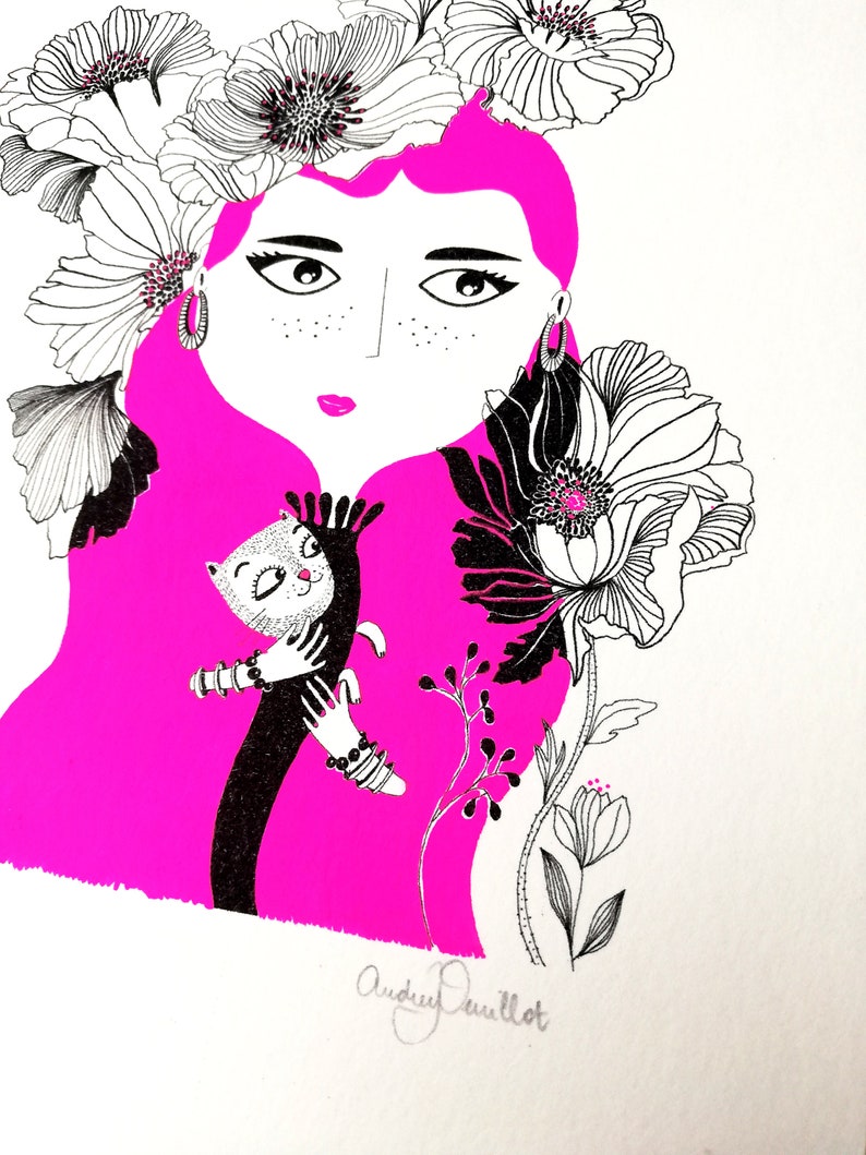 Handmade poster, illustration of Frida Khalo holding a cat in her arms, neon pink hair, flowers, wall decoration image 4