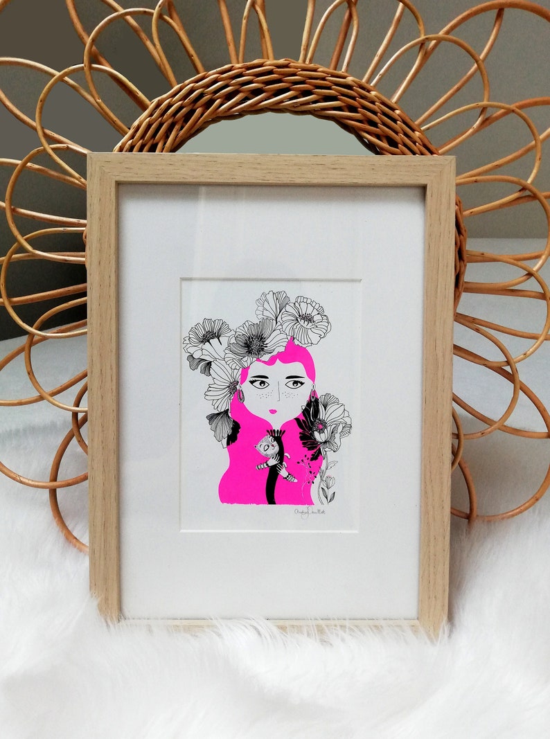 Handmade poster, illustration of Frida Khalo holding a cat in her arms, neon pink hair, flowers, wall decoration image 3