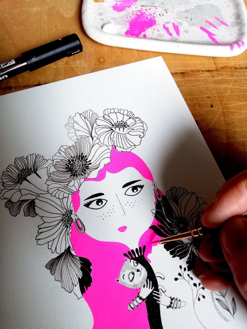 Handmade poster, illustration of Frida Khalo holding a cat in her arms, neon pink hair, flowers, wall decoration image 1