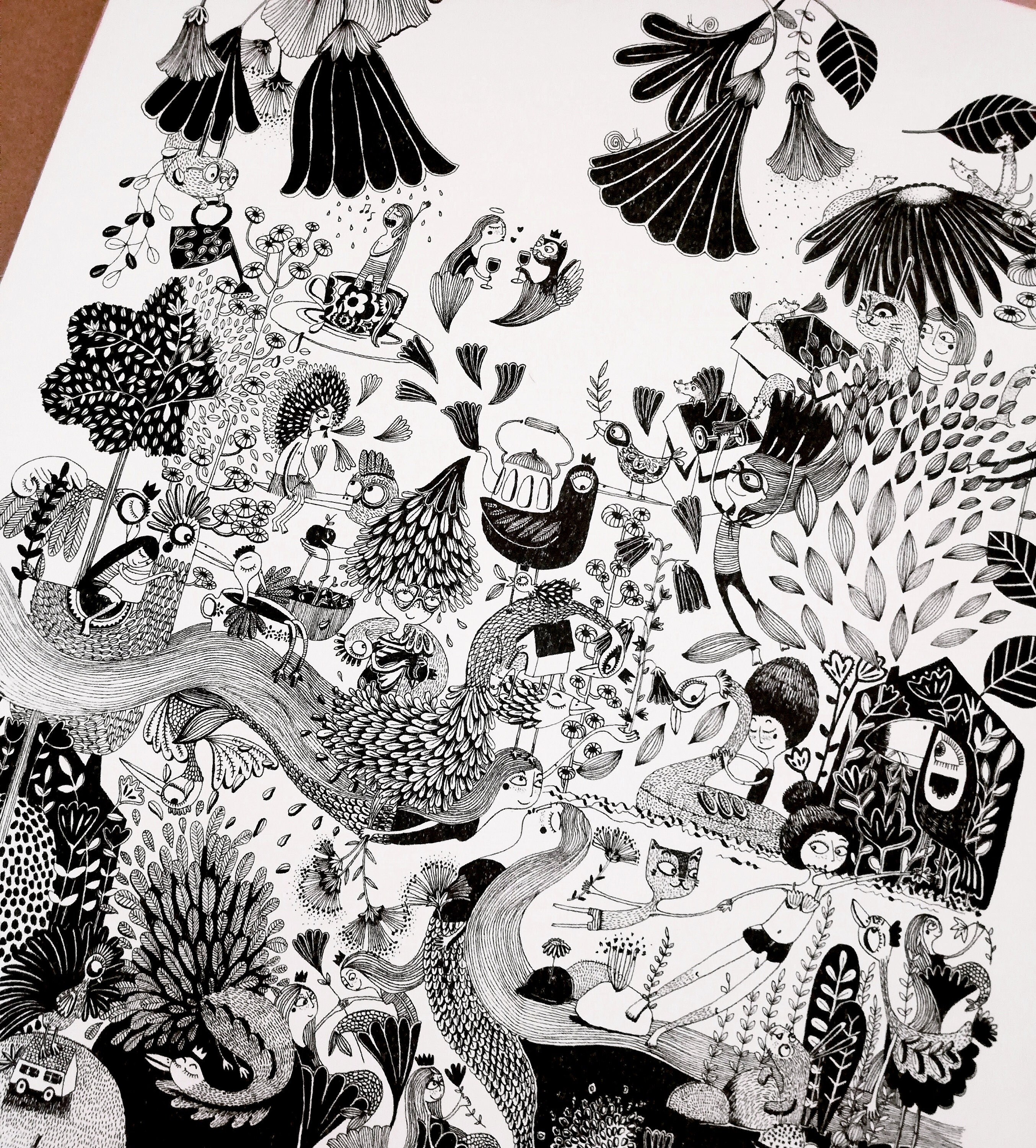 Illustration Noir et Blanc, Risographie, Signée Numérotée, Décor Mural Oiseaux Sirènes Chats Fleurs,