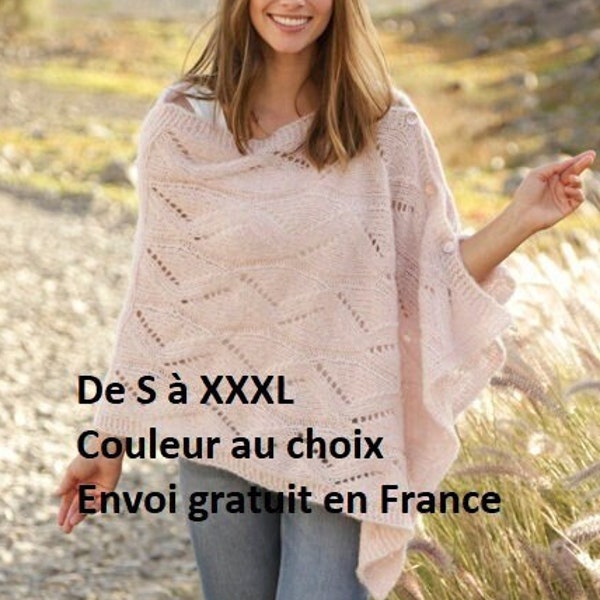 Poncho alpaga et soie tricoté main, boutons nacre, point ajouré, vêtement femme printemps été, châle, étole, beige, rose, cadeau