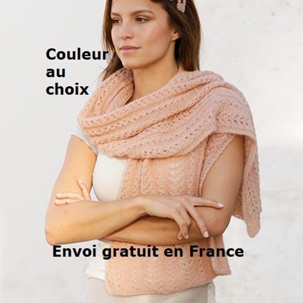 Étole alpaga et soie tricotée main avec un point ajouré, accessoire femme printemps été, légère, douce, chaude, écharpe, châle, mariage