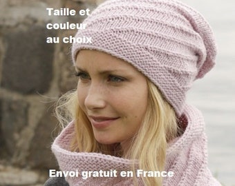 Bonnet alpaga femme tricoté main, avec point texturé spirale, bonnet beanie, bonnet slouchy, tour de cou, snood, accessoire automne hiver