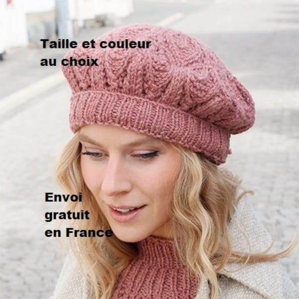 Béret femme en laine et alpaga tricoté main au point de feuilles, bonnet, accessoire automne hiver, chapeau, cadeau anniversaire Noël