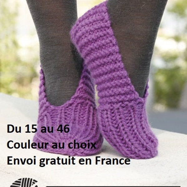 Chaussons homme femme enfant laine et alpaga tricotés main, chaussettes, pantoufles, accessoire automne hiver, cadeau anniversaire Noël