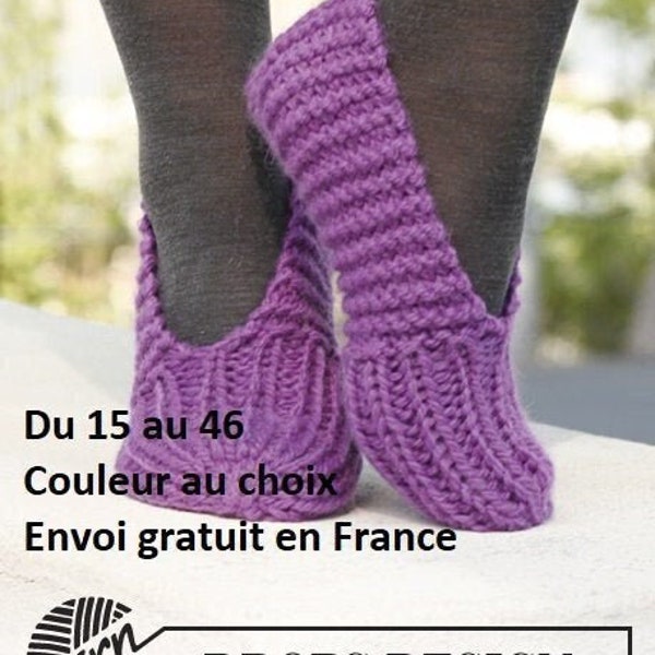 Chaussons homme femme enfant laine et alpaga tricotés main, chaussettes, pantoufles, accessoire automne hiver, cadeau anniversaire Noël