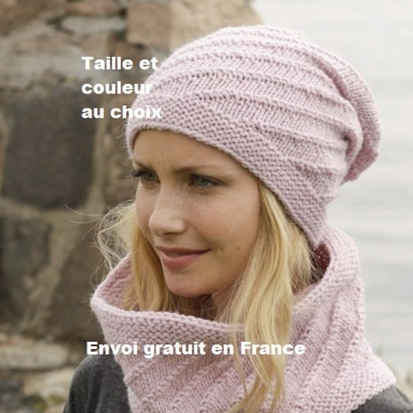 Bonnet alpaga femme tricoté main, avec point texturé spirale, bonnet beanie, bonnet slouchy, tour de cou, snood, accessoire automne hiver
