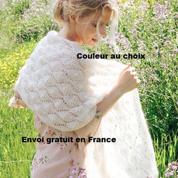 Étole alpaga et soie tricotée main avec un point ajouré, accessoire femme printemps été, légère, douce, chaude, écharpe, châle, mariage