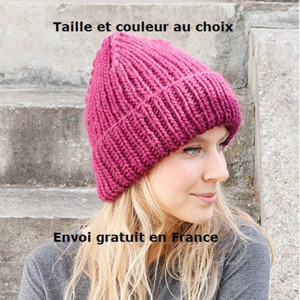 Bonnet hipster femme en pure laine tricoté main en côtes, accessoire automne hiver, chapeau, beanie, cadeau Noël ou Saint-Valentin