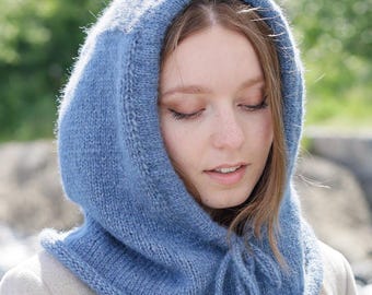 Echarpe capuche ou cagoule en alpaga et laine tricotée main avec coulisse et liens, accessoire automne hiver, cadeau Noël, anniversaire