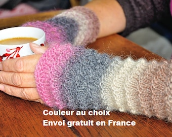 Manchettes laine pour femme tricotées main en pure laine, mitaines, gants d'hiver, chauffe poignets, accessoires, cadeau Noël, anniversaire