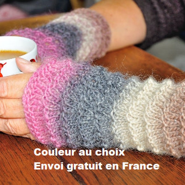 Manchettes laine pour femme tricotées main en pure laine, mitaines, gants d'hiver, chauffe poignets, accessoires, cadeau Noël, anniversaire