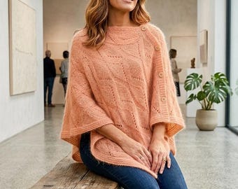 Poncho lavorato a mano in alpaca e seta, taglia e colore a scelta, punto traforato, capo primavera/estate da donna, scialle, stola, regalo