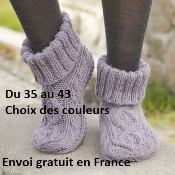 Chaussons laine et alpaga femme homme tricoté main, couleur au choix, accessoire automne hiver, pantoufles chaussettes, cadeau anniversaire