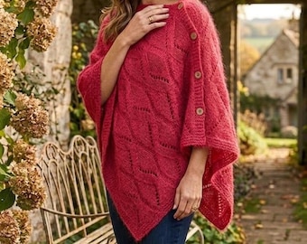 Handgebreide poncho van alpaca en zijde, maat en kleur naar keuze, opengewerkt, dameskledingstuk voor lente/zomer, sjaal, stola, cadeau