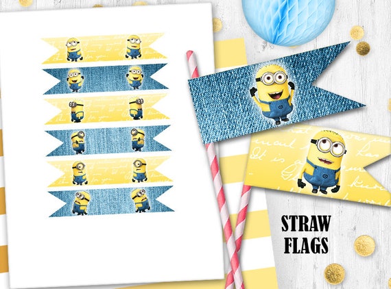 Minion Straw flags Minions birthday party prints Printable | Etsy