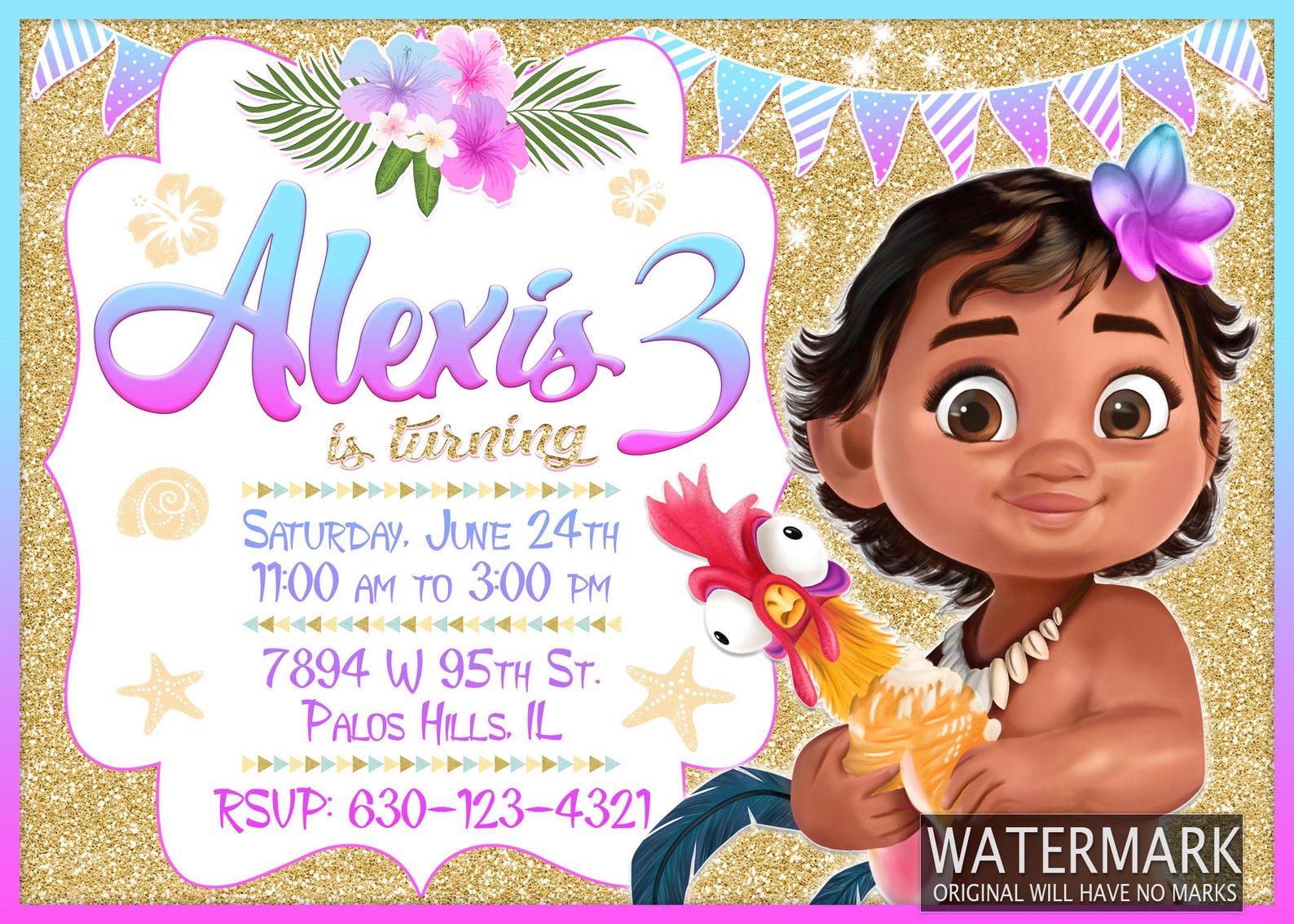 Moana Invitation Moana Baby Invitation Pink Gold Invitation - Etsy