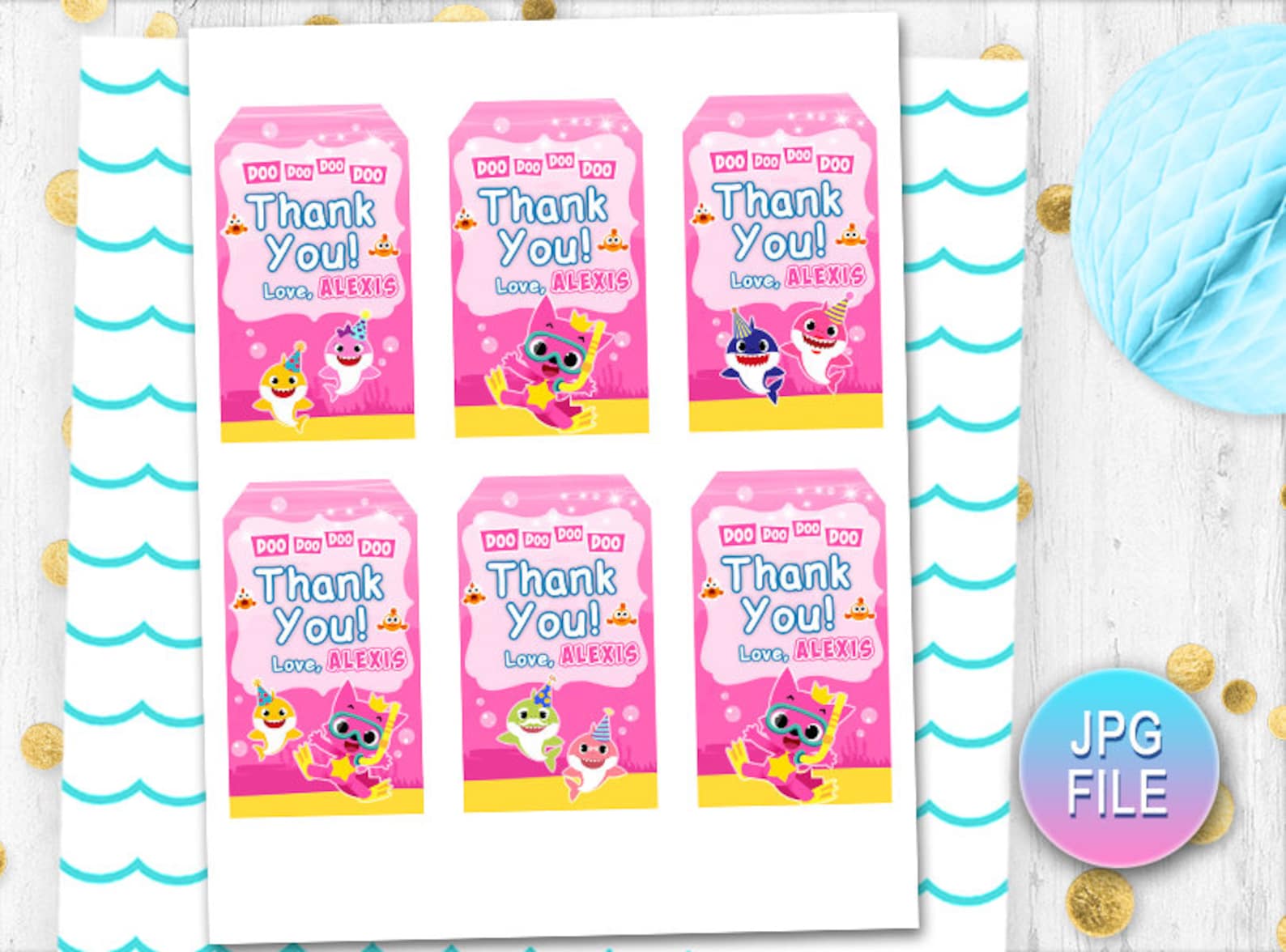 Pink Baby Shark Thank You Tags Baby Shark Gift Tags Printable | Etsy