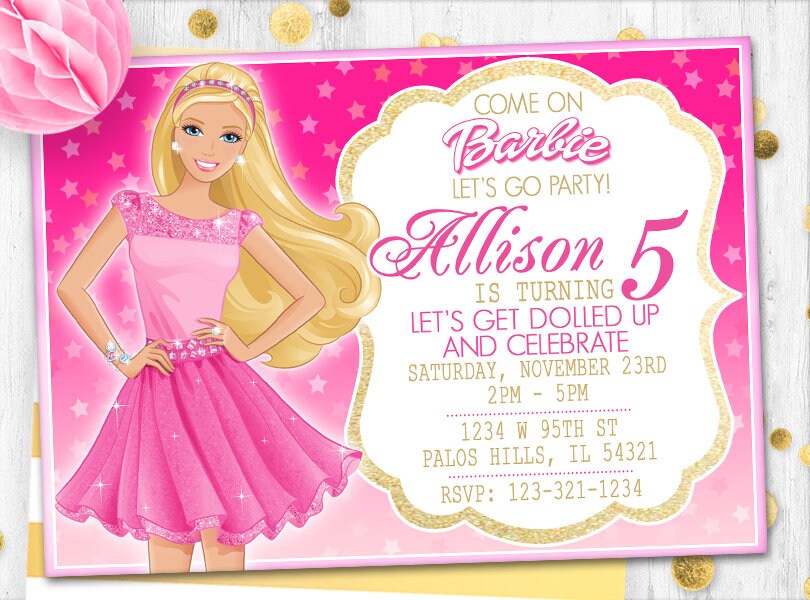 Pink Barbie invitation Barbie Birthday card Barbie invite Etsy
