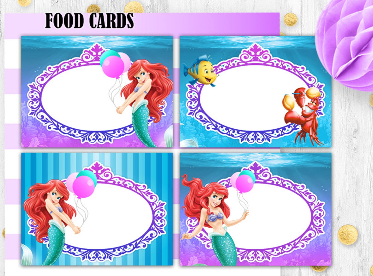 mermaid-ariel-food-cards-tents-little-mermaid-place-cards-etsy