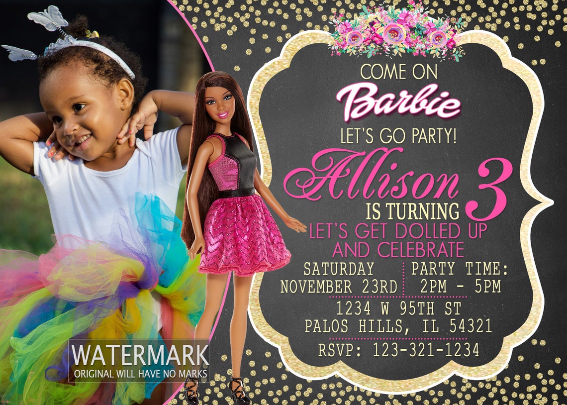 African American Barbie Photo Card Photo Invitation Chalkboard Etsy