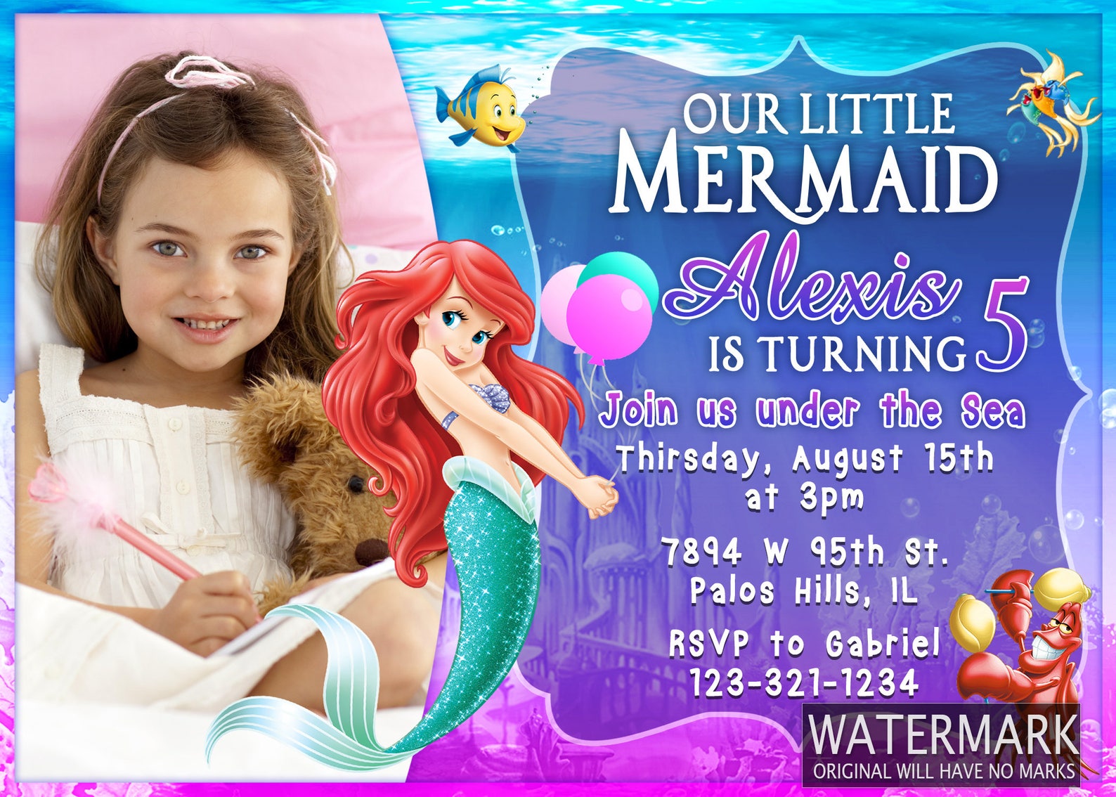 Little Mermaid Ariel Birthday Invitation Card Invite Birthday Etsy