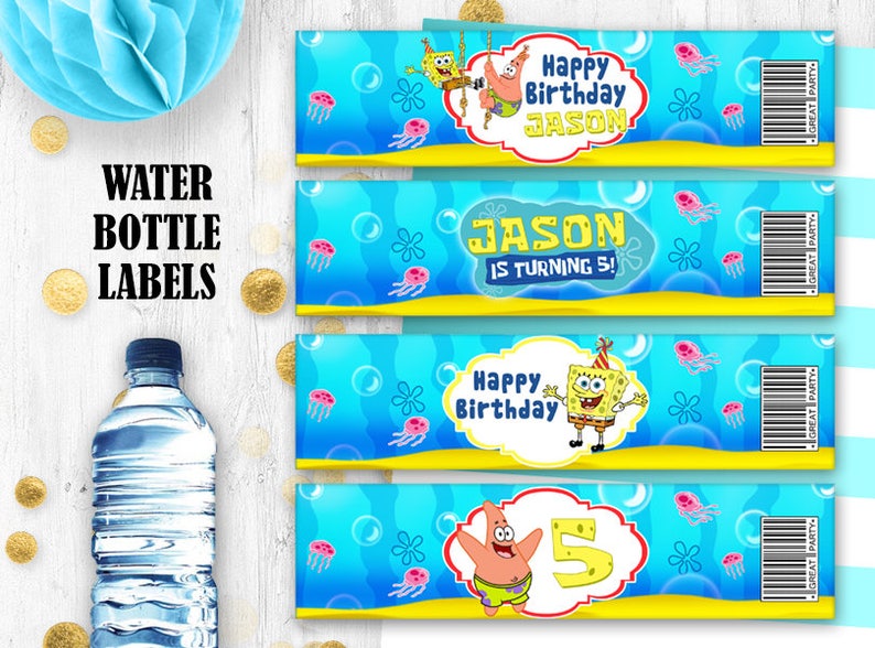 Spongebob Water Bottle Labels Spongebob Birthday Labels Etsy