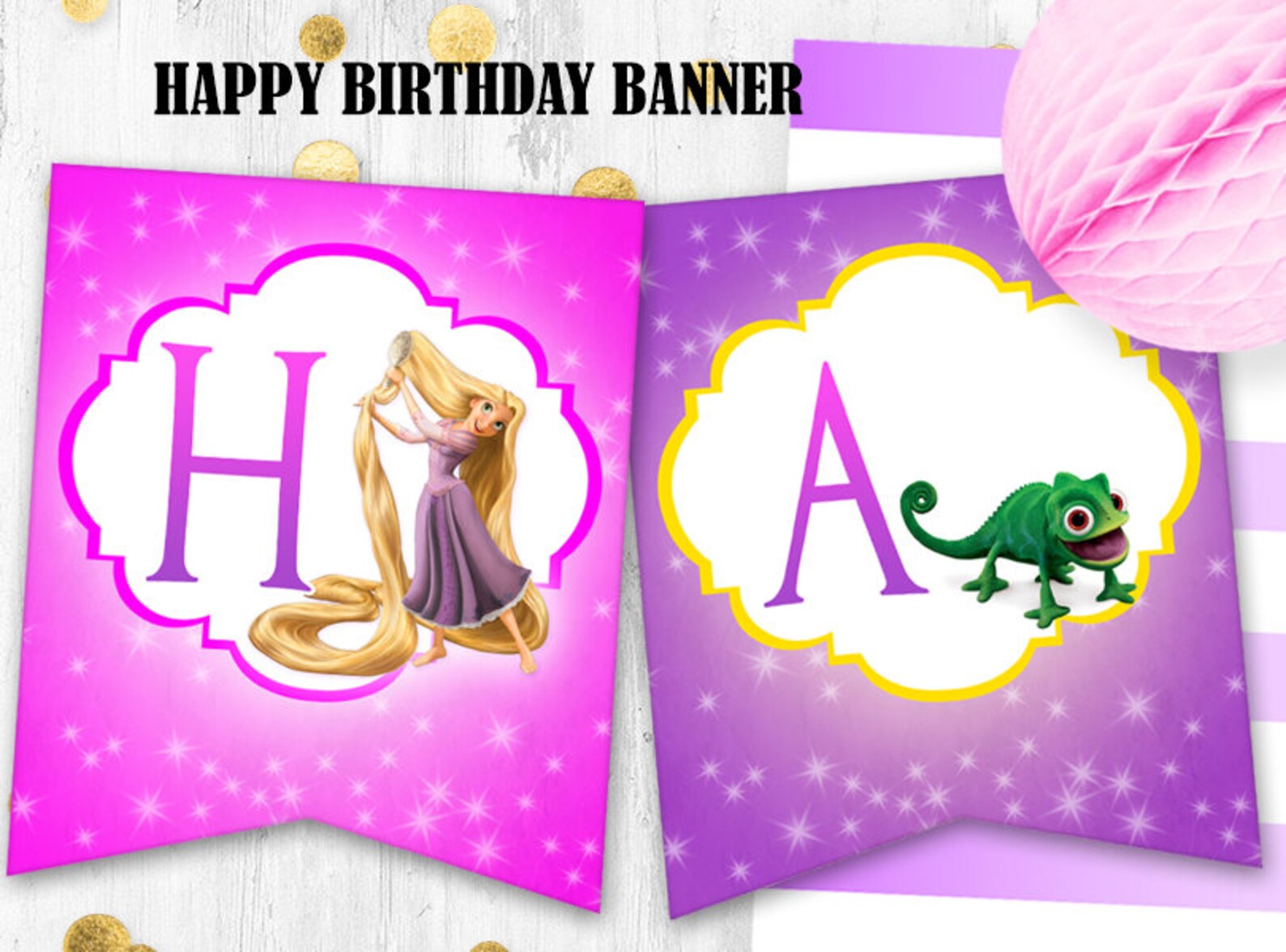 Rapunzel Birthday Banner Tangled Happy Birthday Banner Digital Etsy