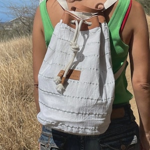 Silver stripes linen sailor bag, Nautical Sailor Bag, linen and leather, linen beach backpack, sailor backpack, marine style bag image 5