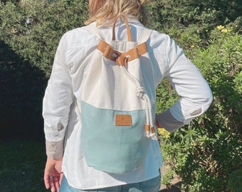 Aqua Beach Bag/ Nautical Sailor Bag cotton canvas and leather/ beach backpack/ sailor backpack/ cotton canvas bag