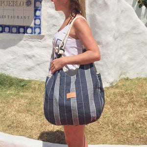 Tote de playa de algodón rústico y cuero azul, bolsa de compras, tote náutico, tote de algodón pesado, bolsa de rayas azul marino, bolsa de playa