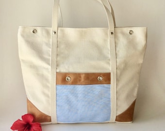 Blue Stripes tote, cotton canvas and leather, market bag, canvas beach bag, stripes marine style, beach style, canvas tote, nautical tote